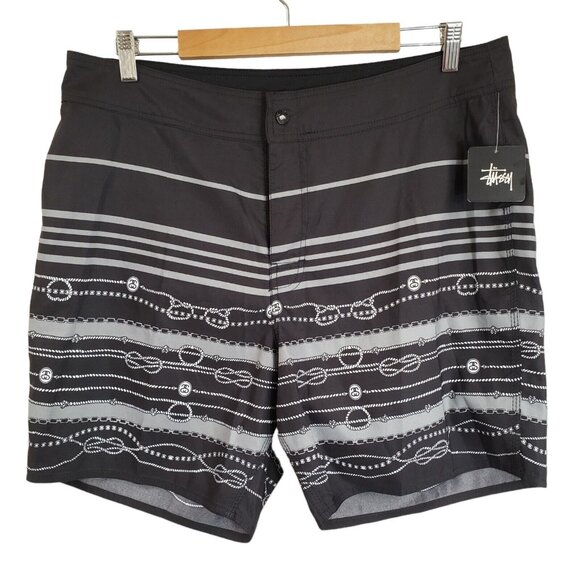 Stussy Men's Size XL 36 Black White Nautical Ropes Swim Trunks Unlined Grey Gray - Picture 1 of 8